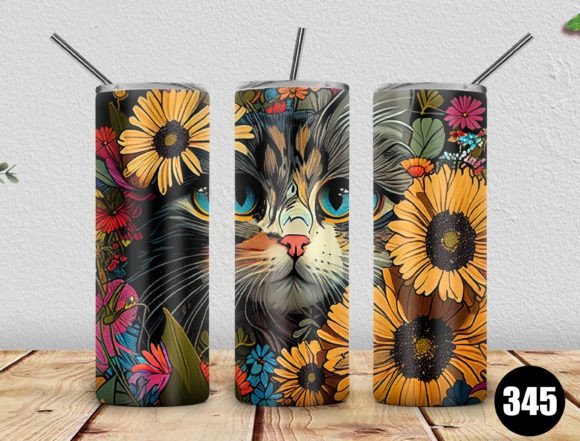 Cat Flower Tumbler Design PNG