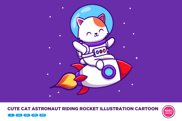 Cute Cat Astronaut Riding Rocket Cartoon