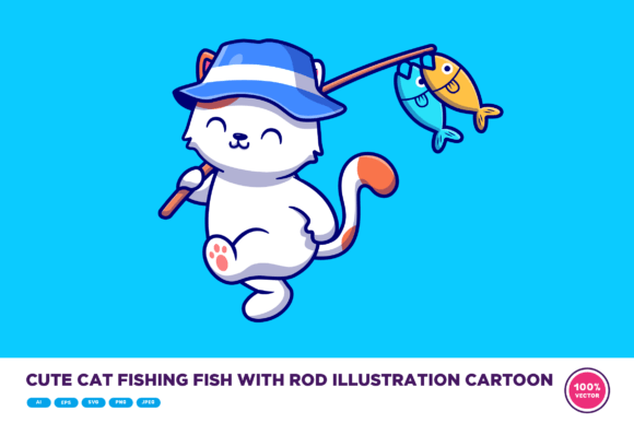 Cute Cat Fishing Fish with Rod Cartoon