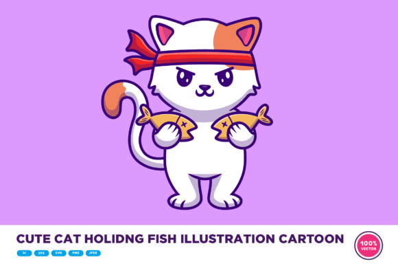 Cute Cat Holding Fish Illustration