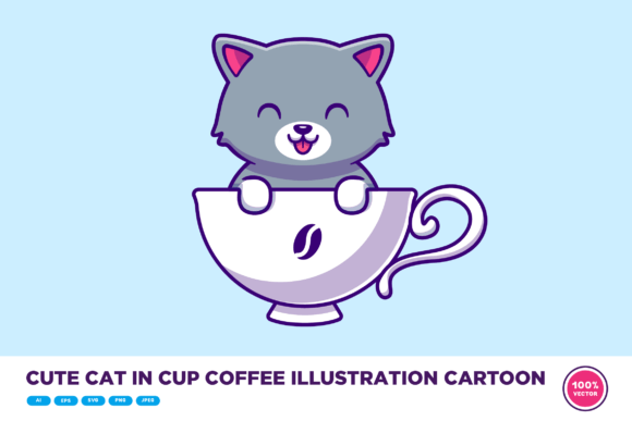 Cute Cat in Cup Coffee Illustration