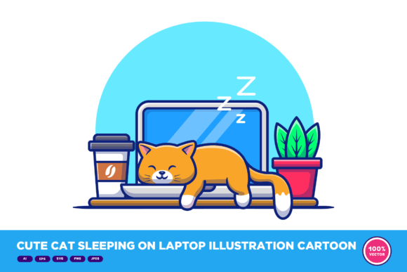 Cute Cat Sleeping on Laptop Illustration