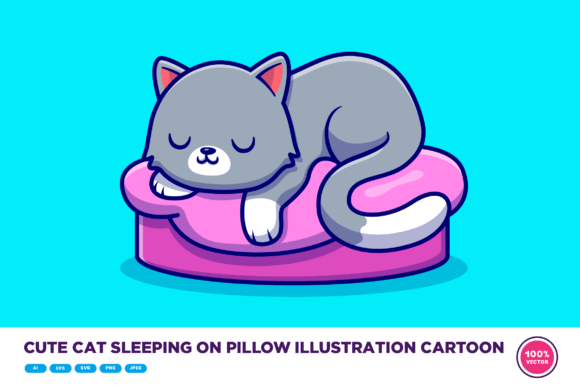 Cute Cat Sleeping on Pillow Illustration