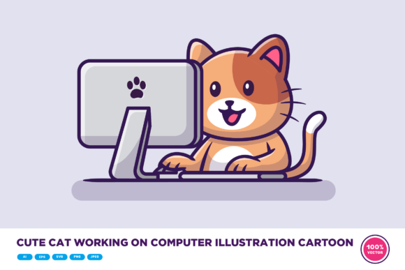 Cute Cat Working on Computer Cartoon