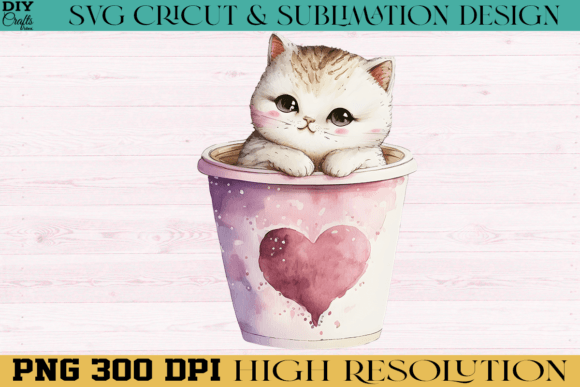 Cute White Cat with Coffee Cup PNG